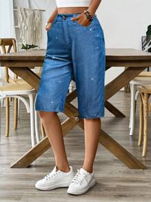 SHEIN LUNE Women's Denim Effect Silver Coated Capri Pants - Blue - View 3
