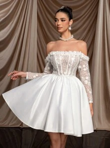 SHEIN Belle Gorgeous, Elegant, Noble, And Lovely White Off Shoulder See-Through Long Sleeve Dress, Lace & Satin Patchwork Boned A-Line Dress, Suitable For Bachelorette Party, Wedding, Graduation Season & Holiday, Great Gift For The Bride-To-Be Or Formal Occasions Bridal Dress, Bridal Shower Dress White Dress - White - View 5