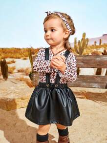 SHEIN Baby Girls' Autumn Leopard Print Romper Set With Black Skirt And Stockings, Thin - Black - View 6