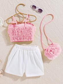 SHEIN 年轻女孩时尚 3D 花朵背心和纯色蝴蝶结裙子 2 件套 - 彩色 - 查看 2