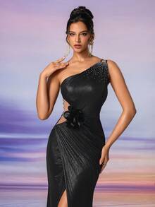 AOSHABABI Women Sparkly Floral Decor Mesh Patchwork High Slit Formal Evening Gown, Suitable For All Formal Occasions, Galas, Wedding Guests, Festivals, Proms, Cocktail Parties, Dating, Vacation And Bridesmaid Dresses - Black - View 9