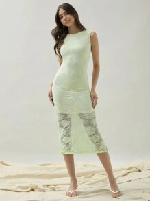 COSMINA Women's Elegant Solid Color Lace Side Slit Bodycon Sleeveless Dress, Summer - Green - View 6