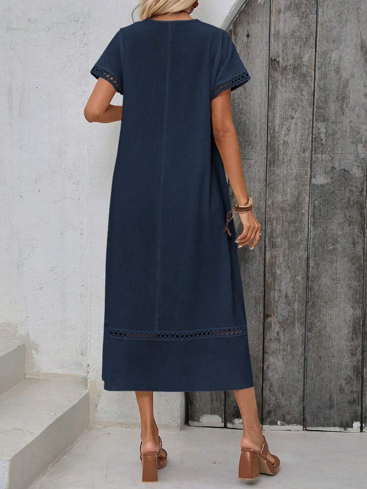 Women's Linen Dress, Casual, Modern, Outdoors, Summer, Long Dress, V-Neck, Patchwork Short Sleeve