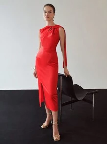 MOTF PREMIUM FITTED WAIST SPLIT SIDE DRESS - Red - View 8