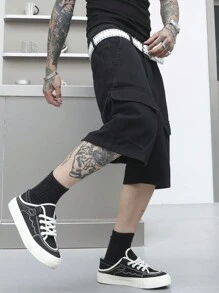 Manfinity EMRG Pantalones cortos de mezclilla para trabajar de unicolor y estilo casual para hombre de verano - Negro - Ver 5