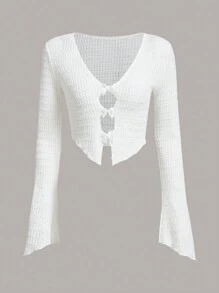 SHEIN X KeniaOs SHEIN ICON 前开襟荷叶边袖蝴蝶结细节短款 T 恤 - 白色 - 查看 5