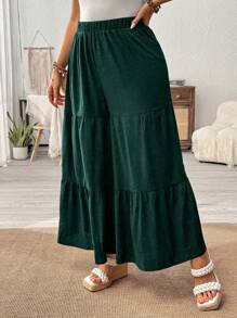 SHEIN Holidaya Quần ống rộng xếp ly màu trơn cỡ lớn, dành cho trang phục thường ngày - Màu xanh lá cây đậm - Xem 4