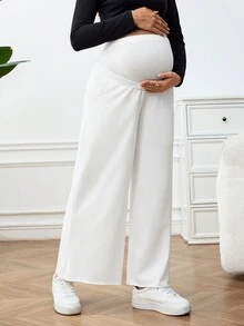 SHEIN Maternity Solid Color Wide Leg Pants, Super High Waist Adjustable Elastic Waistband, Loose & Long, Suitable For Slouchy & Casual, Spring & Summer - White - View 4