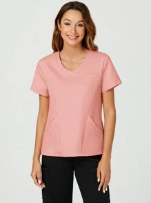 TaskEZ Solid Color V-Neck Casual Short-Sleeved Uniform Scrub Top For Summer - Pink - View 6