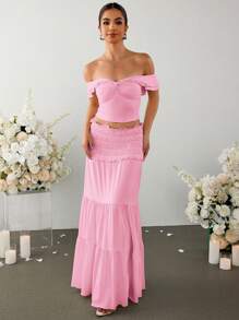 PARTHEA Off Shoulder Ruched Twist Fron Crop Top & Low Waist Ruffles Skirt Set - Pink - View 1