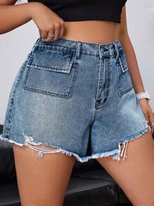SHEIN EZwear Quần short denim thông thường viền sờn có kích thước lớn dành cho nữ - Rửa nhẹ - Xem 2