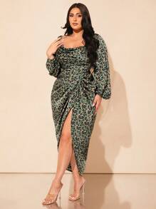 SHEIN BAE 曲线加大码垂坠领褶饰开衩大腿系带缎面连衣裙绿色花卉全身缎面印花中长连衣裙、沙滩裙、太阳裙、波西米亚风度假装 - 彩色 - 查看 4