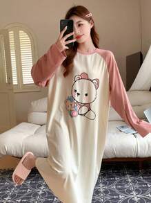 DAZY Cute Cartoon Printed Loose Color Block Patch Shoulder Sleep Dress Pajama - Brown - View 8