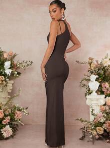 L'Amorae One Shoulder Cut Out Ruched Dress - Brown - View 2