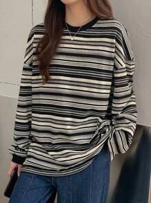 INAWLY 女士寬鬆條紋圓領垂墜肩長袖休閒T恤，適用於春秋季 - 黑色 - 查看 4