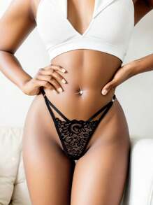 Solid Ring Linked Cut Out Thong - Black - View 1