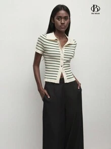 BizChic 女士帶領口紐扣條紋針織毛衣 - 彩色 - 查看 7