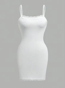 INAWLY 女士實色細肩帶蕾絲拼接夏季連衣裙 - 白色 - 查看 3