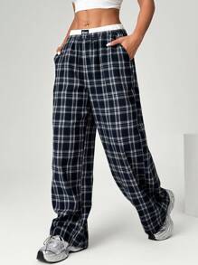 SHEIN EZwear Pantalones anchos y sueltos de mujer talla grande con bloqueo de color en la cintura y estampado a cuadros