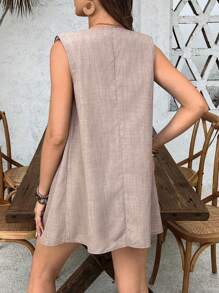 SHEIN Maternity Front Button Sleeveless Basic Long Top And Shorts Set - Khaki - View 2