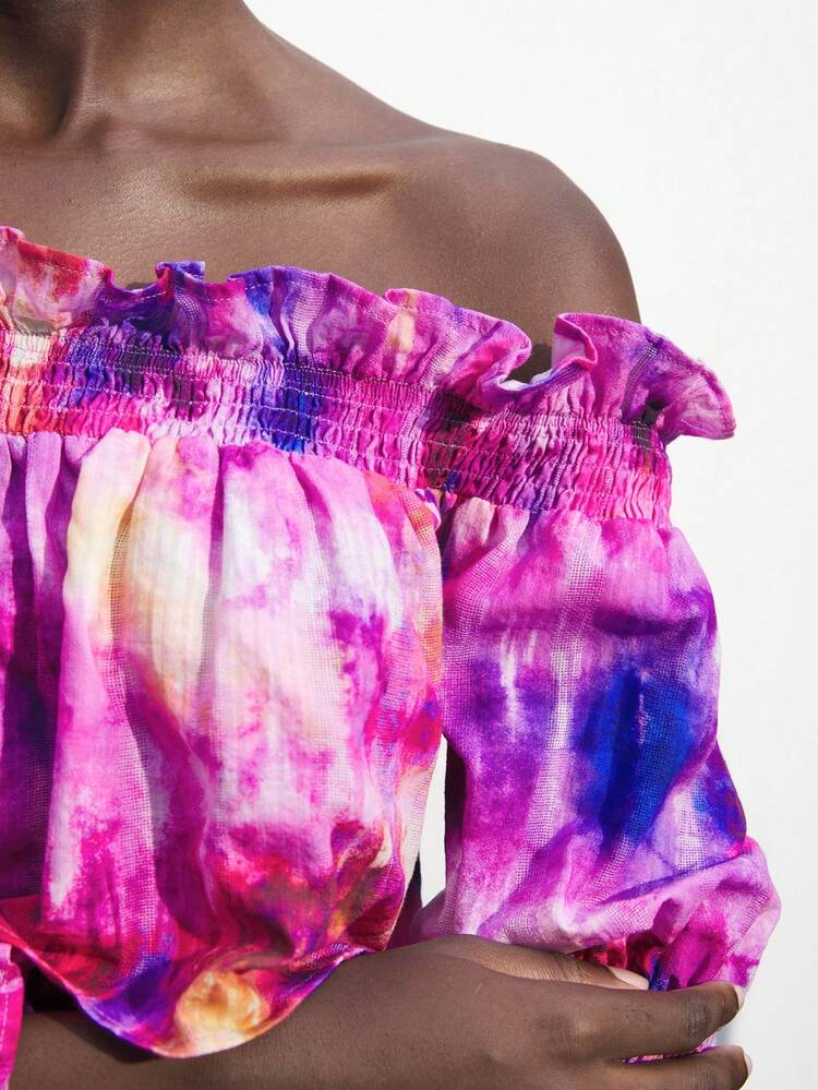 SHEIN Maija 여성용 오프숄더 프릴 장식 꽃무늬 크롭 블라우스, 캐주얼 휴가용