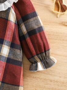 寶貝女孩可愛的彼得潘襯領彩塊格紋長袖連衣裙，配有荷葉邊飾 - 紅白色 - 查看 4