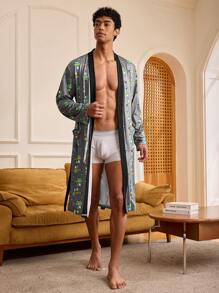 Manfinity Men's Cartoon Allover Print Mid-Length Homewear Robe - Blue - View 1