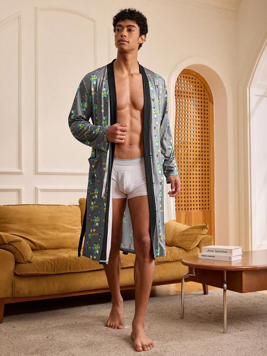 Manfinity Men's Cartoon Allover Print Mid-Length Homewear Robe - Blue - View 1