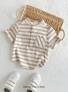Cozy Pixies Baby Boy Colorful Striped Round Neck Half-Placket Pullover Sweater - Khaki - View 1