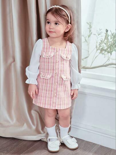 SHEIN Baby Girl Cute Plaid Splicing Square Collar Long Sleeve Autumn Dress, Spring/Summer