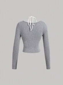 SHEIN MOD 灰色V領長袖修身2合1蕾絲下擺露背背心T恤 - 灰色 - 查看 2