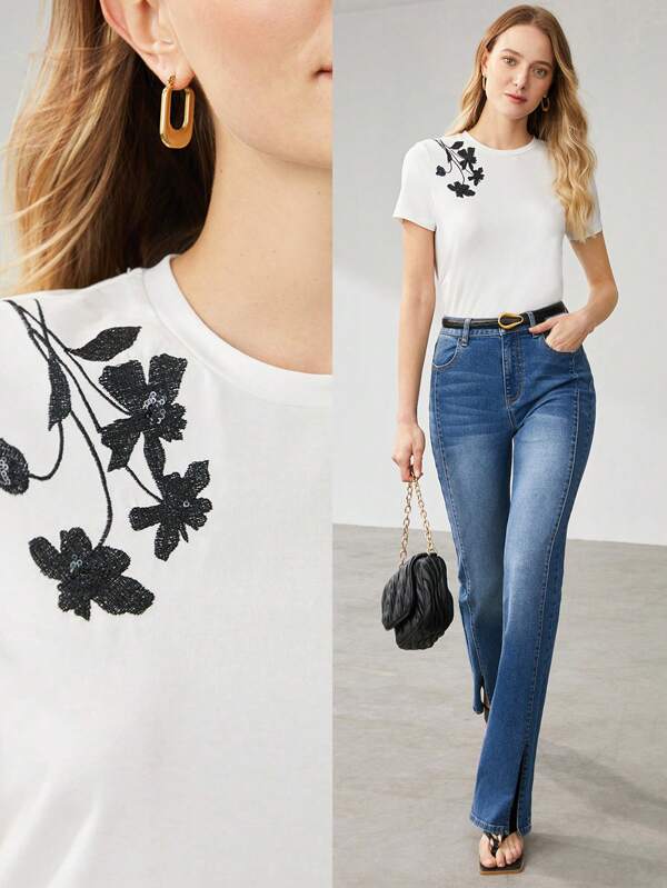 MOTF PREMIUM CAMISETA DETALLE FLORES LENTEJUELAS