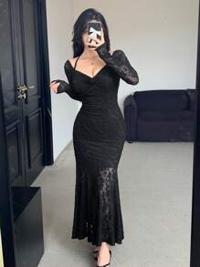 DAZY 女士蕾丝长袖派对礼服优雅、荷叶边、秋季连衣裙 - 黑色 - 查看 3