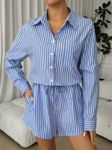 Muchica Ladies' Striped Long Sleeve Shirt Collar Button Pocket Belted Jumpsuit For Casual Daily Wear