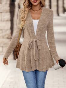 EMERY ROSE 女士简约日常长袖系带外套，女士深秋休闲系带常规袖宽松卡其色纯色女士外套，休闲日常穿着 - 卡其色 - 查看 4