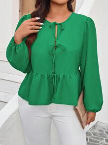 SHEIN LUNE 大码圆领蝴蝶结长袖衬衫秋季女装秋季女装职业上衣商务休闲女士工作衬衫商务衬衫 - 綠色 - 查看 4