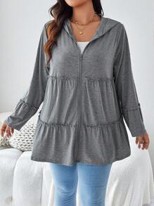 SHEIN LUNE Plus Size Solid Color Hooded Zipper Casual Daily Long Sleeve Jacket With Pockets Winter Clothes Hoodies - Grey - View 4