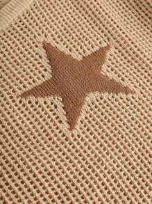 SHEIN Jersey casual de manga larga para adolescente con hombro oblicuo, de punto unicolor de color y patrón de estrellas ahuecado - Caqui - Ver 4