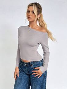 SHEIN Unity Women's Asymmetric Shoulder Neckline Design Long Sleeve Slim-Fit Gentle Charm Gentle Knit Sweater, Knit Pullover Fall Winter - Grey - View 4