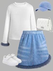 Conjunto de falda de plumas asimétrica y top de rayas de manga larga de 2 piezas para niñas (grandes), ideal para viajes diarios/elegantes/todo terreno. - Multicolor - Ver 1