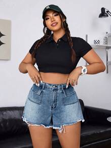 SHEIN EZwear Quần short denim thông thường viền sờn có kích thước lớn dành cho nữ - Rửa nhẹ - Xem 6