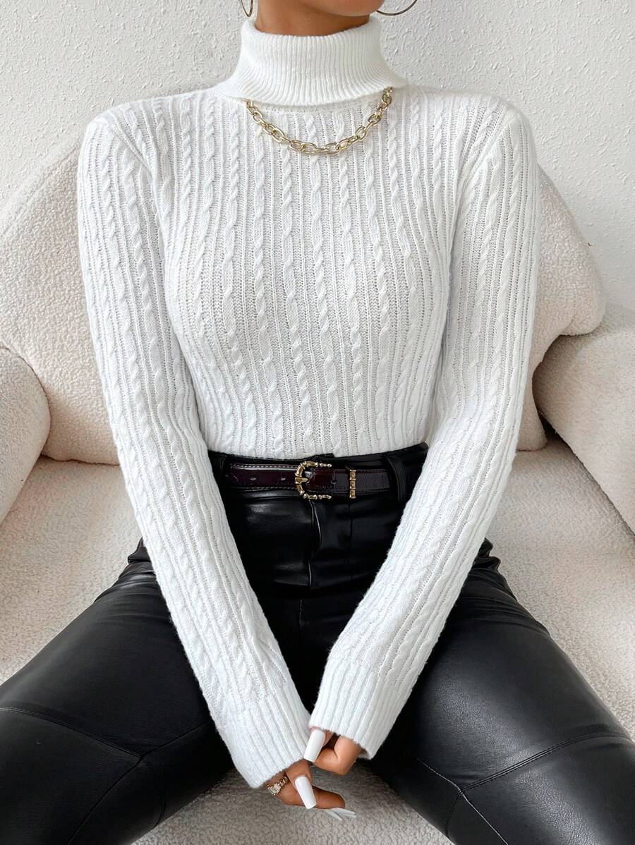 Chiquease Áo len cổ cao màu trơn đơn giản có họa tiết 3D, mùa Thu/Đông - trắng - Xem 1