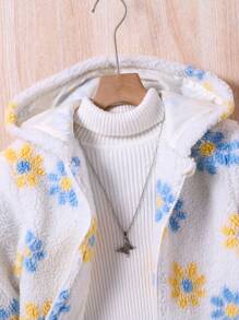 Girls' Plush Zippered Windproof Jacket With Flower Design, Long Sleeved And Lined - Multicolor - View 5