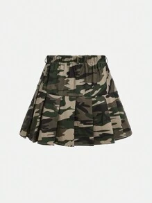 SHEIN Girlism Teen Girl's Pleated Camouflage Printed Casual Skirt