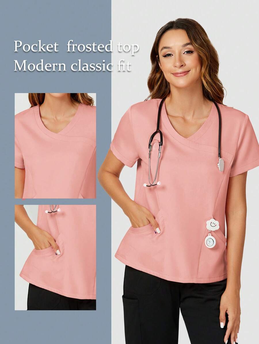 TaskEZ Solid Color V-Neck Casual Short-Sleeved Uniform Scrub Top For Summer - Pink - View 1