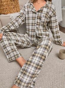 EURMUSE 2Pcs  Plaid Printed Collar Detail PJ Set - Multicolor - View 1