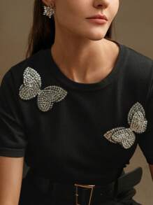 Anewsta Áo thun thời trang mùa hè trang trí hình con bướm kim cương dành cho nữ - màu đen - Xem 2