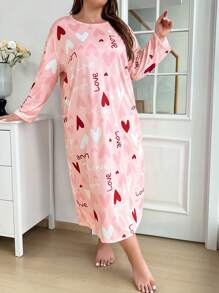 Plus Heart Print Round Neck Long Sleeve Sleep Dress, Moo Moo, Fall - Pink - View 1