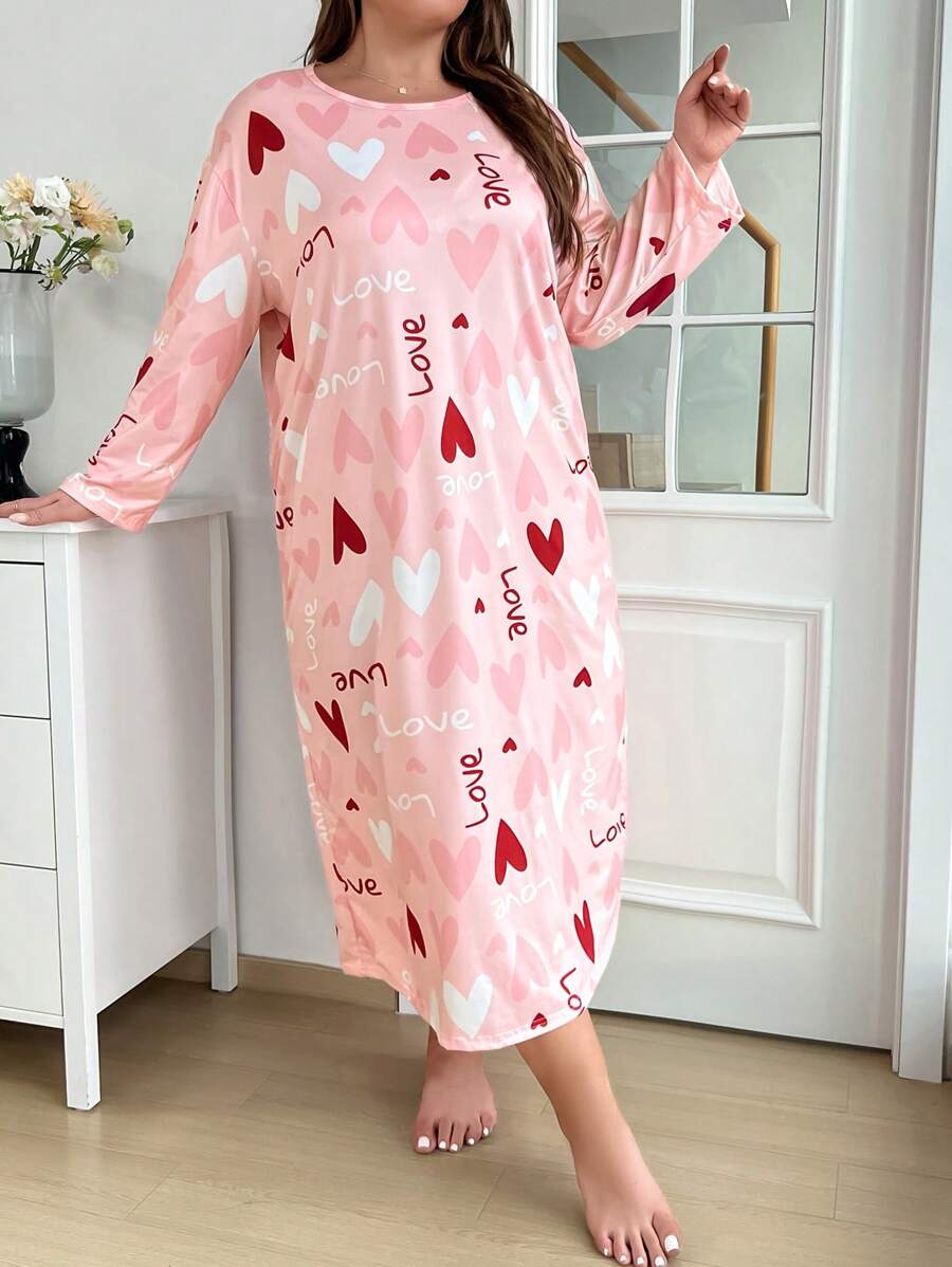 Plus Heart Print Round Neck Long Sleeve Sleep Dress, Moo Moo, Fall - Pink - View 1