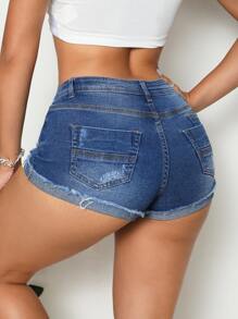 SHEIN SXY Ripped Raw Cut Roll Hem Denim Shorts - Dark Wash - View 2